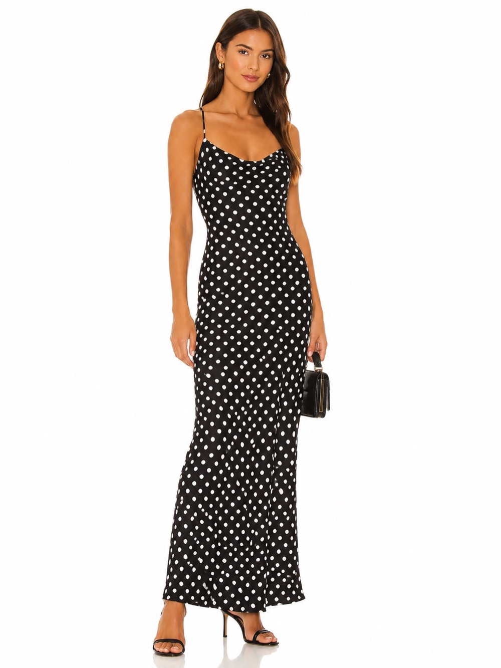 Zara Black White Polka Dot Cowl Neck Maxi Slip Dress Size M